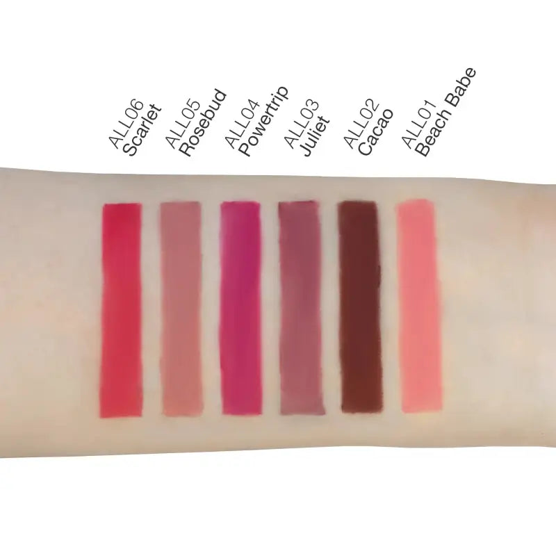 Swatches of Automatic Lip Liner - Rosebud colors on skin with product names above