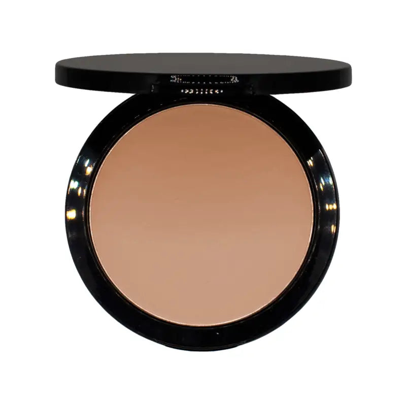 Compact powder foundation in a black case featuring beige-toned pressed powder