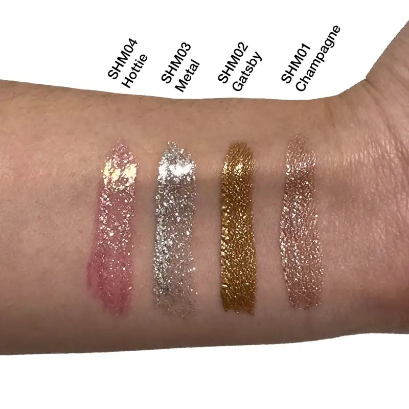 Swatches of Liquid Shimmer - Gatsby by Aevanti in pink, silver, gold, and champagne shades