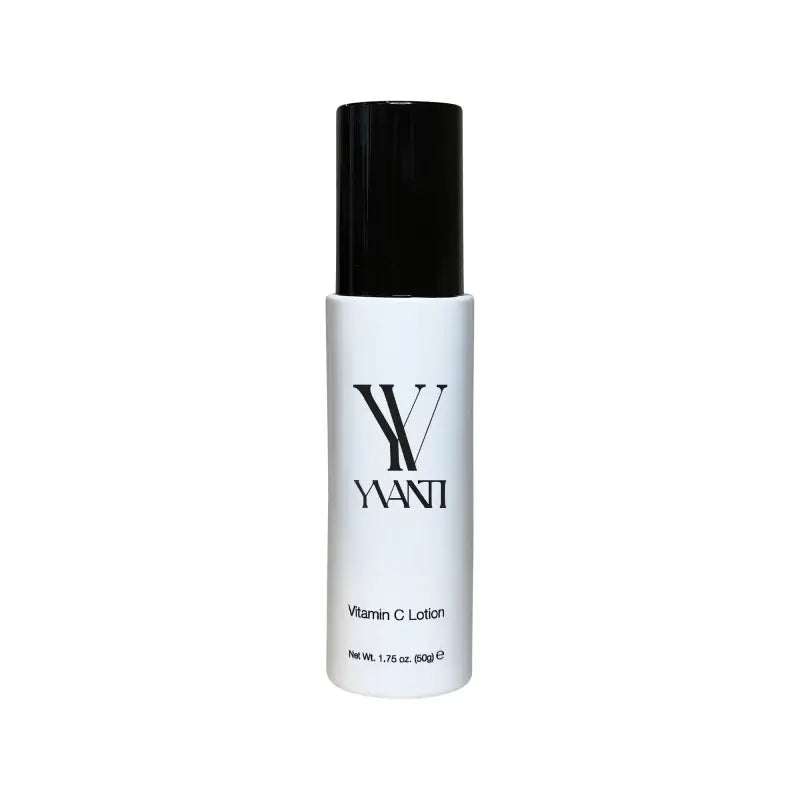 White cylindrical Vitamin C Lotion bottle with black cap labeled YANTI for skin cell growth