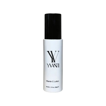 White cylindrical Vitamin C Lotion bottle with black cap labeled YANTI for skin cell growth